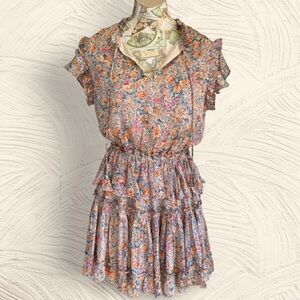 RESET Floral Tiered Ruffle Mini Dress Peach & Blue M